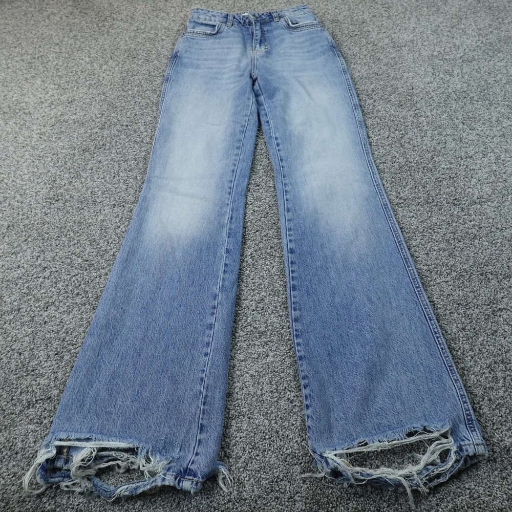 We The Free People Jeans Womens 25 Blue Denim Pants Wide Leg Flare High Rise Rip